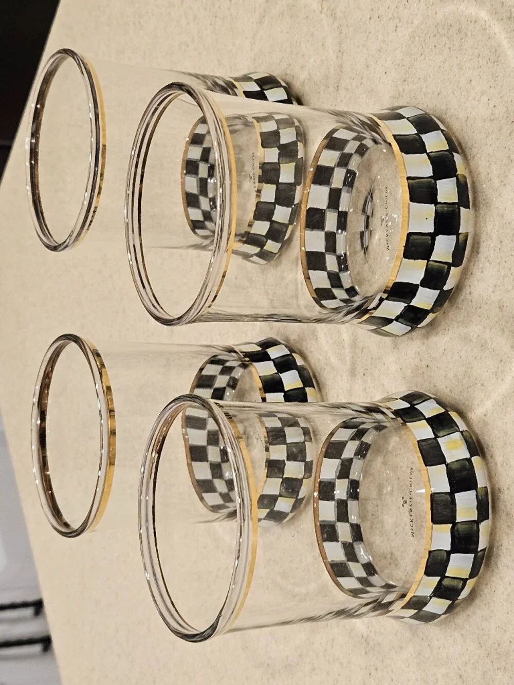 4 RETIRED MACKENZIE CHILDS COURTLY CHECK DOf BAR WATER DRINKING GLASS TUMBLER